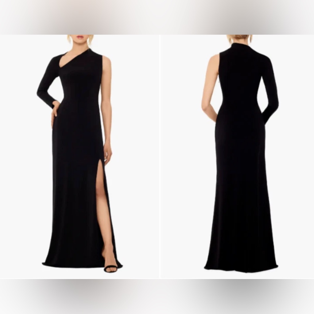 Betsy & Adam Black One-Shoulder Long Evening Gown With Thigh Slit